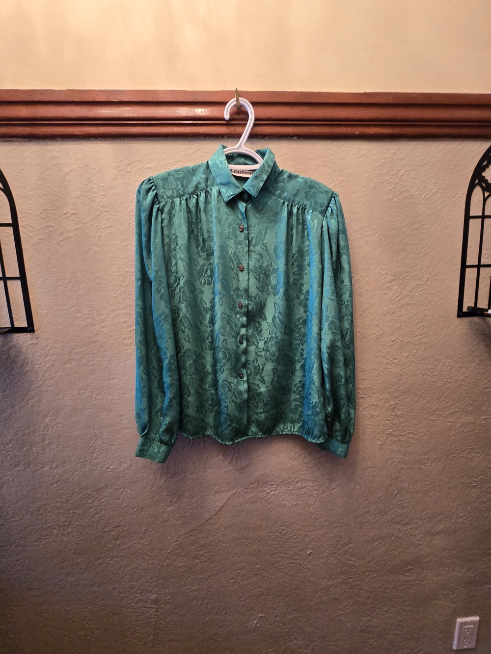 Vintage Editions Emerald Green Floral Jacquard Blouse Women's Medium - Picture 6 of 12